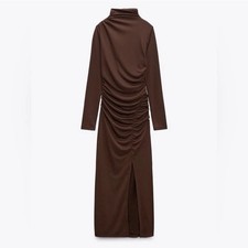 Zara Chocolate Gathered Long Sleeve Midi Dress Size XS