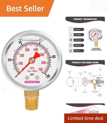 Professional Grade 2'' Dial Pressure Gauge 0-100psi, Stainless Steel & Glycerin