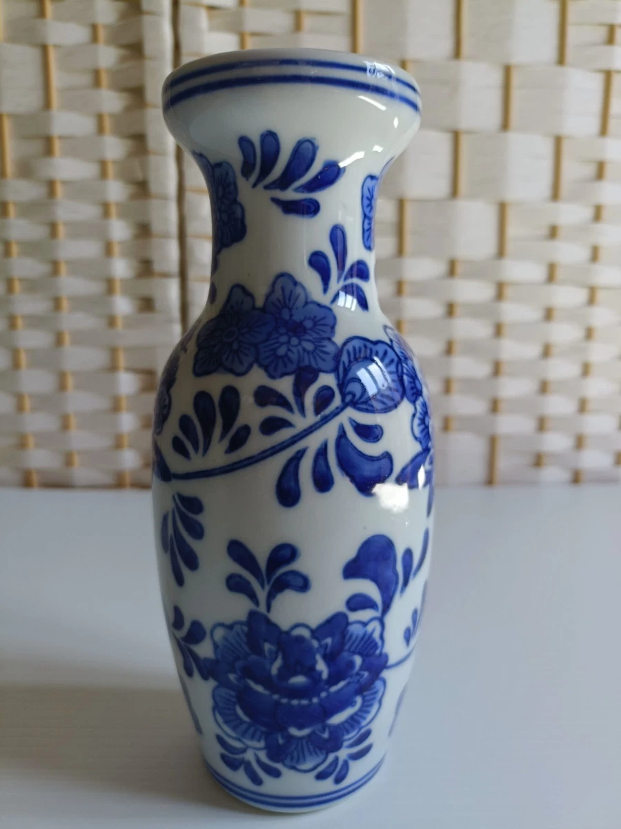 Vintage Chinese Porcelain Vase White With Blue Floral Print 8 Inch