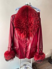 Vintage Red Leather Jacket with Real Fox Fur Collar Cuffs - Luxury Boho Style