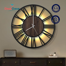 Wanduhr 50cm Holzstil Modern LED Batteriebetrieben Still Nicht Tickend Schwarz
