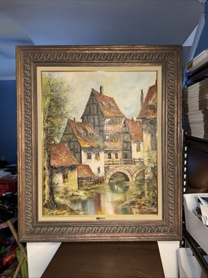 #ad Original Framed Karl Franke Oil Painting “Village Scene” 40” H X 33” L. $650.00