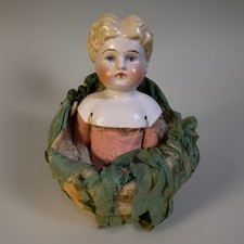 Antique German China Head Doll Hair Stuffed Body Hand Made Setting c. 19th Cent