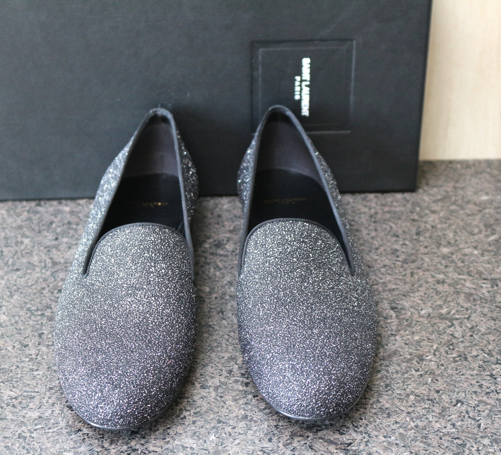 SCARPE PIATTE SMOKING NUOVE CON SCATOLA YSL SAINT LAURENT PARIS ZUCCHERO CHANGY BLK LUNA GLITTER 38 5