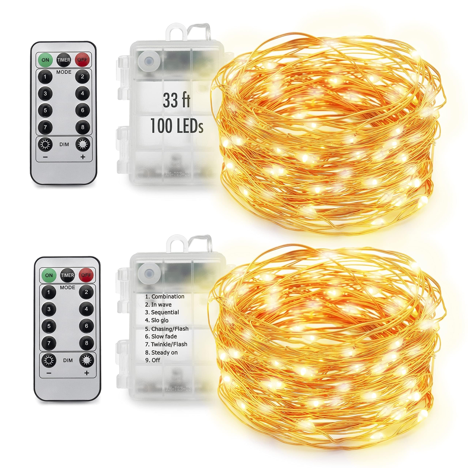 33ft 100 LED Outdoor Fairy Lights, Timer Battery Operated Twinkle Lights with...