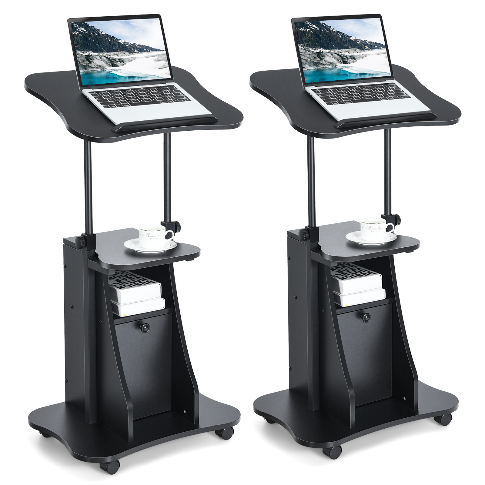 2PCS Adjustable Height Mobile Podium Desk with Cabinet & Tilting Top-image