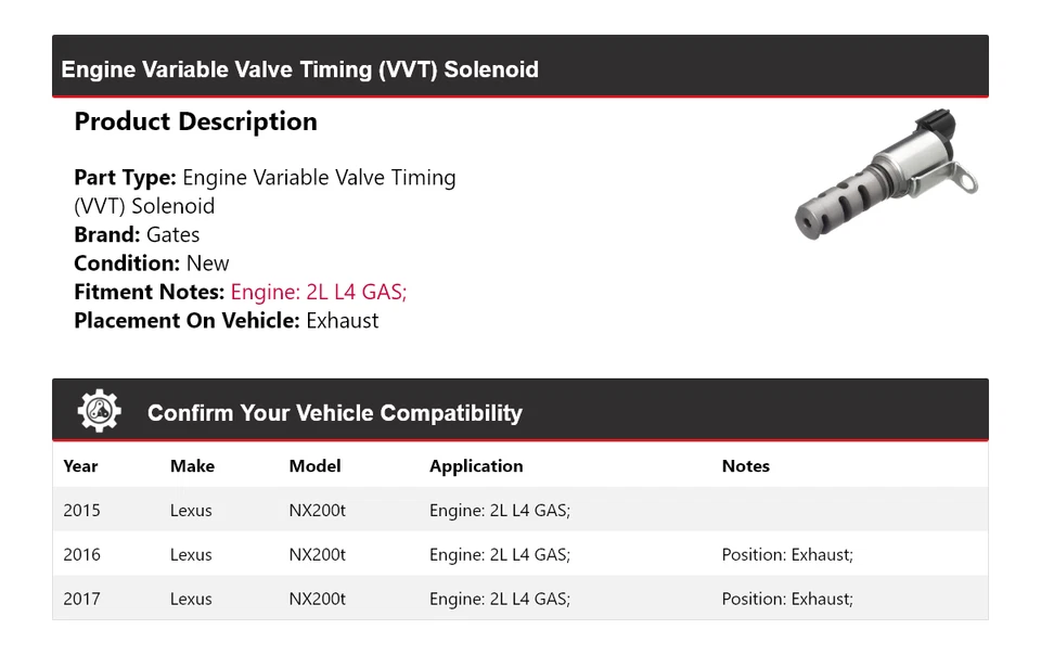 Para Lexus NX200t 2015-2017 2L L4 motor de gas VVT puertas solenoides 2016 Foto 2 de 4