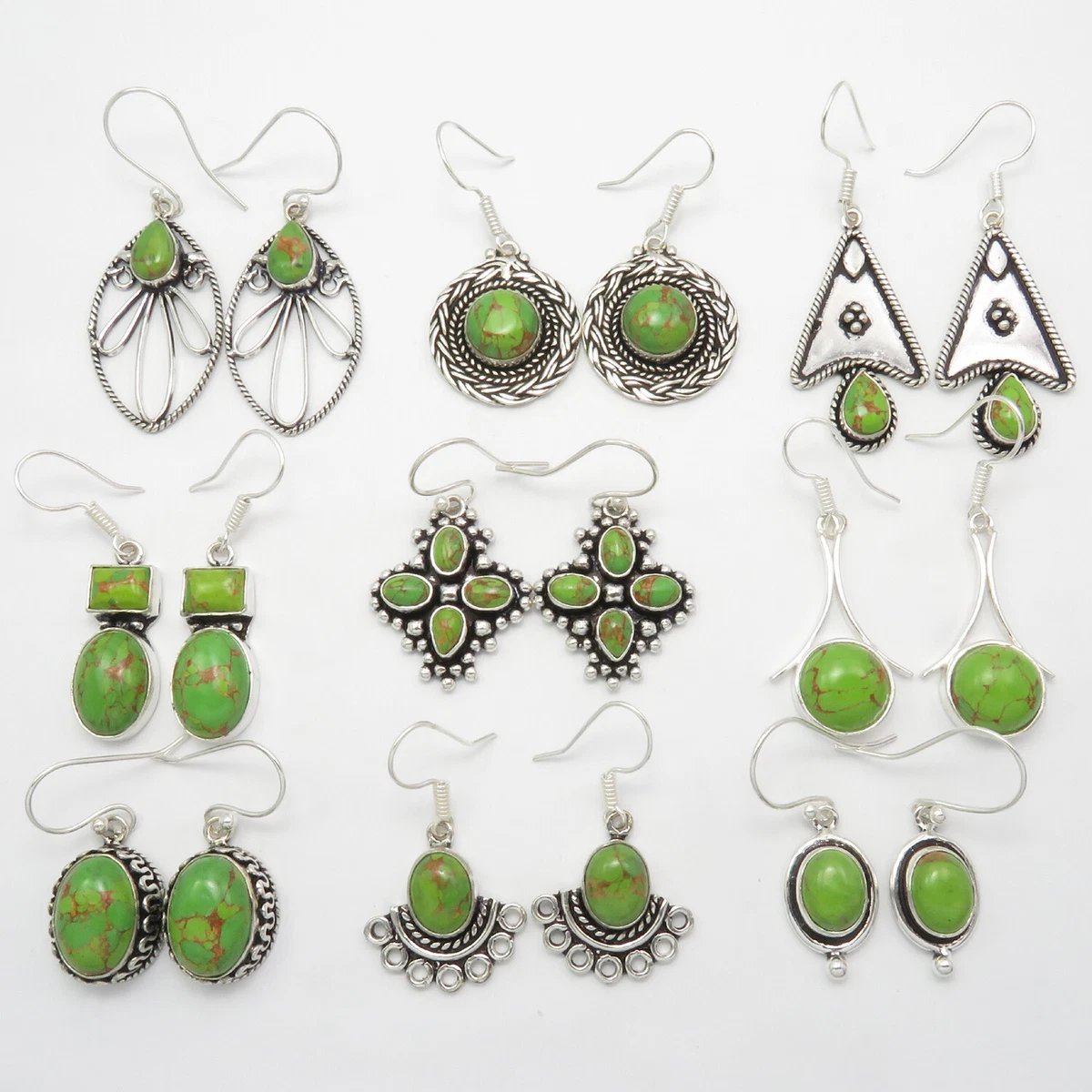 10 Pairs Green Copper Turquoise Earrings Assorted Styles 925