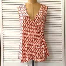 41 Hawthorn Top Womens Medium Sleeveless Faux Wrap V-neck Red Peach Casual Shirt