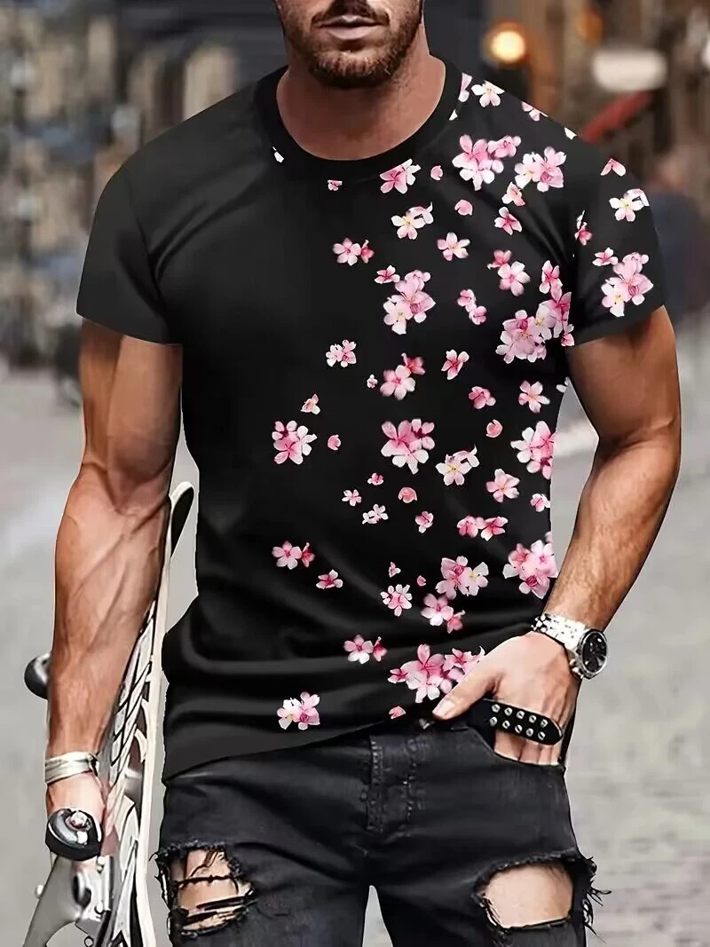 Men T-shirt Fashion Graphic Short Sleeve Colorful Flower Black T shirt