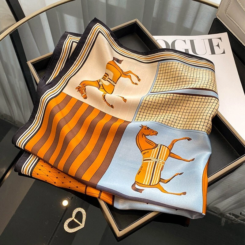 Pañuelo cuadrado 100 % seda 26" mujer pañuelo envolvente marrón y naranja patrón caballo Foto 4 de 4