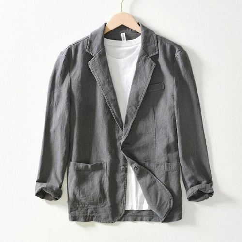 Mens Business Casual Suit Cotton Linen Coat Two Button Jacket Spring Summer - Picture 4 of 25