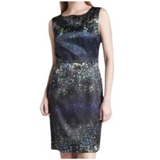 T Tahari Satin Sheath Dress Abstract Watercolor Blue Green Yellow Lined Size 4