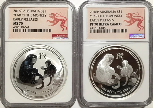 2016 SET OF 2 - MS & PF 70 Australia $1 1oz Silver Lunar Year of Monkey NGC - ER