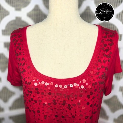 Relativity Red Sequin Scoop Neck Short Sleeve Knit Top Size PL - Picture 3 of 8