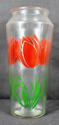 Vintage Anchor Hocking Glass Vase With Red Tulip & Green Leaf Design 6" Tall