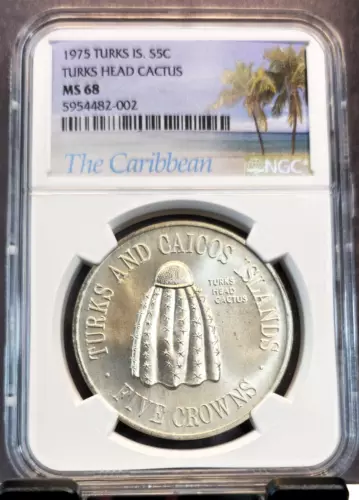 1975 TURKS & CAICOS SILVER 5 CROWNS TURKS HEAD CACTUS NGC MS 68 RARE TOP POP 1