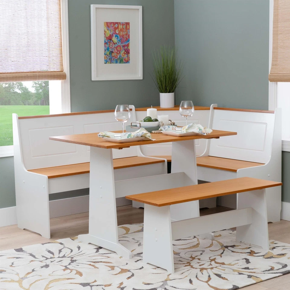Linon Ardmore Pine Wood Corner Nook Dining Set with Storage in White and Natural - Image 3 of 4