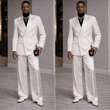 White Men's Suits Peak Lapel Double-Breasted Formal Business Streestshot 2 Piece