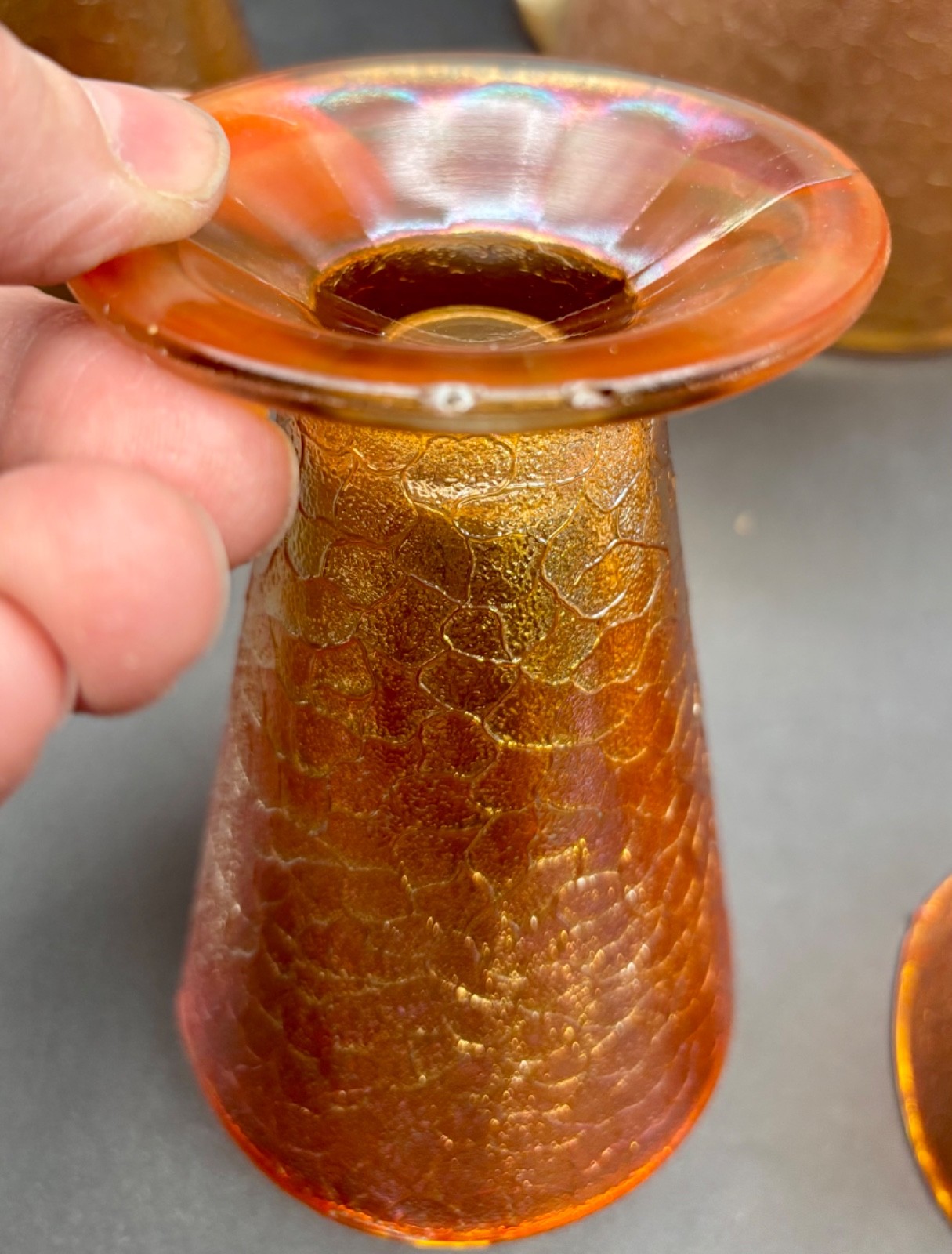 Jeanette Carnival Glass Pitcher and Four Tumblers Marigold
