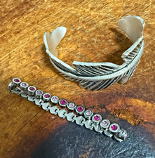 Rustic Cuff Silver Tone Feather Cuff & Pink C...