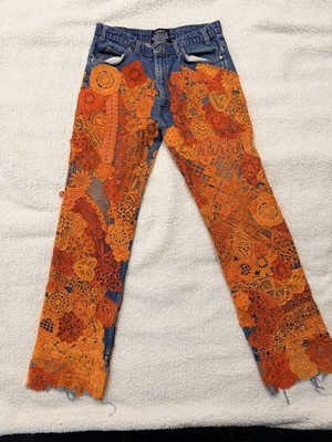 Earthling VIP Handmade Crochet Embellished Denim Jeans Blue Orange Women