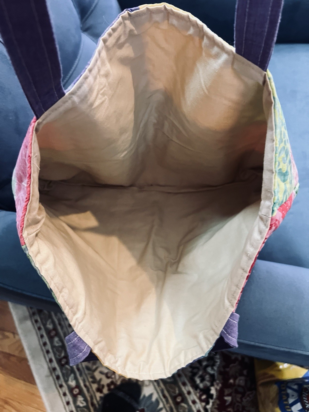 Patchwork Quilted Tote Bag Multicolor with Purple… - image 2