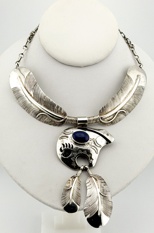 J Neslon Signed Sterling Silver Lapis Lazuli Bear Feather Choker Necklace