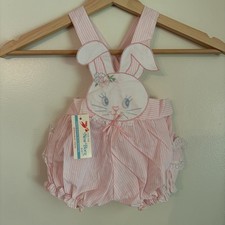 NWT Vintage Bunny Pink Striped Bubble Romper Girls 0-6months Ruffle Snap Bottom