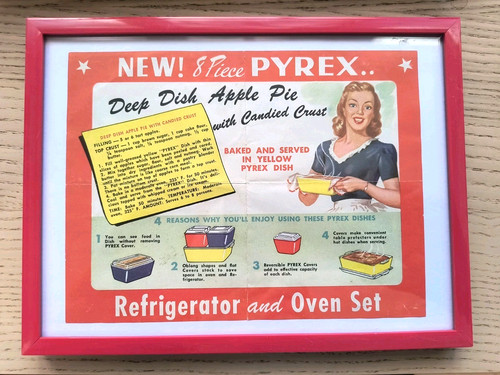 vtg 1947 PYREX REFRIGERATOR set 8 PIECE ORIGINAL ADVERTISING PAMPHLET Framed