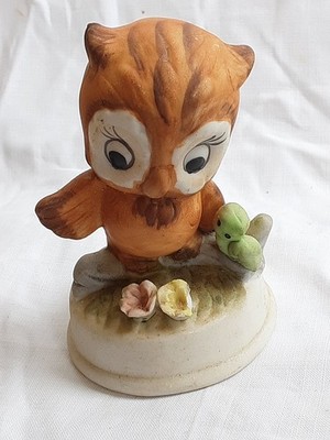 Vintage 1977 Napco Keramik Eule & Wurm auf einem Baumstamm Figur 8 cm