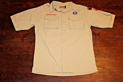 Boy Scouts of America BSA Youth Shirt Tan Large 100% Supplex Nylon Sewn Patches
