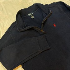 Polo Ralph Lauren Kids Navy Blue Quarter Zip Ribbed Cotton Sweater L14-16 Flaws