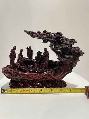 Cinnabar Resin Eight 8 Immortals Boat Tree Of Life Red Chinese 6.5” T x 8” L - Picture 21 of 24