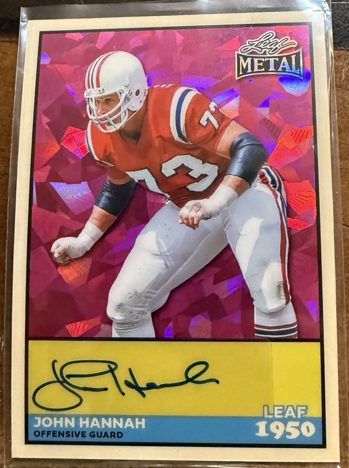 JOHN HANNAH #D 1/1 2026 LEAF METAL FOOTBALL 1950 AUTOGRAPH Pink Ice 1/1 Auto view 1