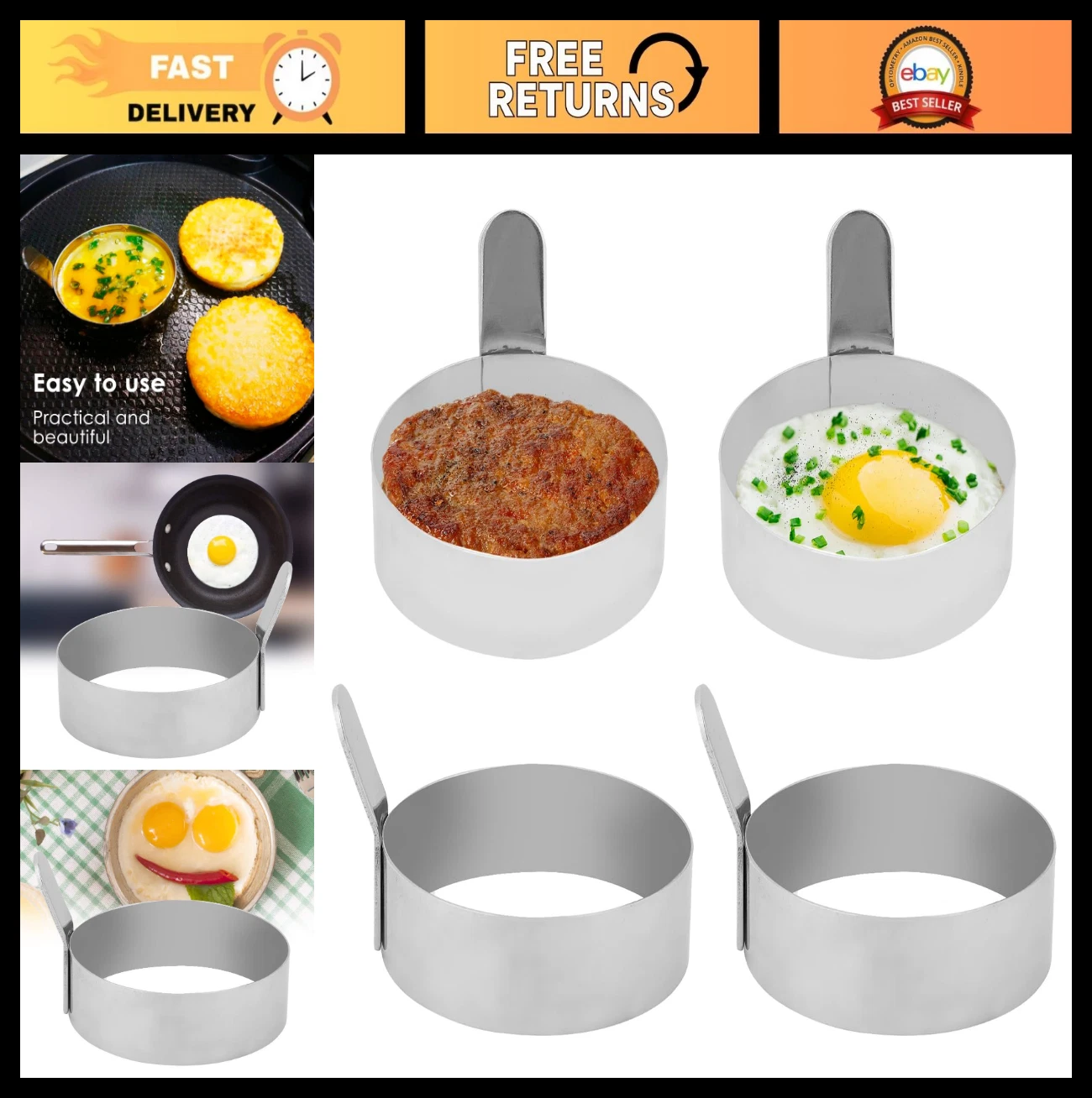 4Pcs Stainless Steel Egg Rings Set - 3.5'' Round Molds for Frying Eggs & Pancake