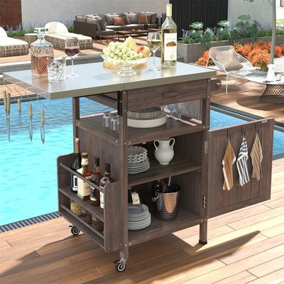 Outdoor Grill Carts w/Wheels,Metal Table and Storage Cabinet for BBQ (Brown)