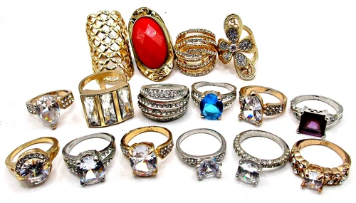 Vintage Lot Of 16 Costume Jewelry Ring Lot Gold Silver Tone Rhinestone Cocktail