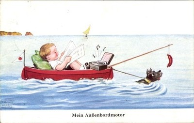 Künstler Ak Wills, John, Junge im Boot lässt sich von Hund im... - 4454954