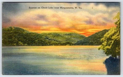 1930-50's SUNRISE on CHEAT LAKE near MORGANTOWN WV VINTAGE LINEN POSTCARD