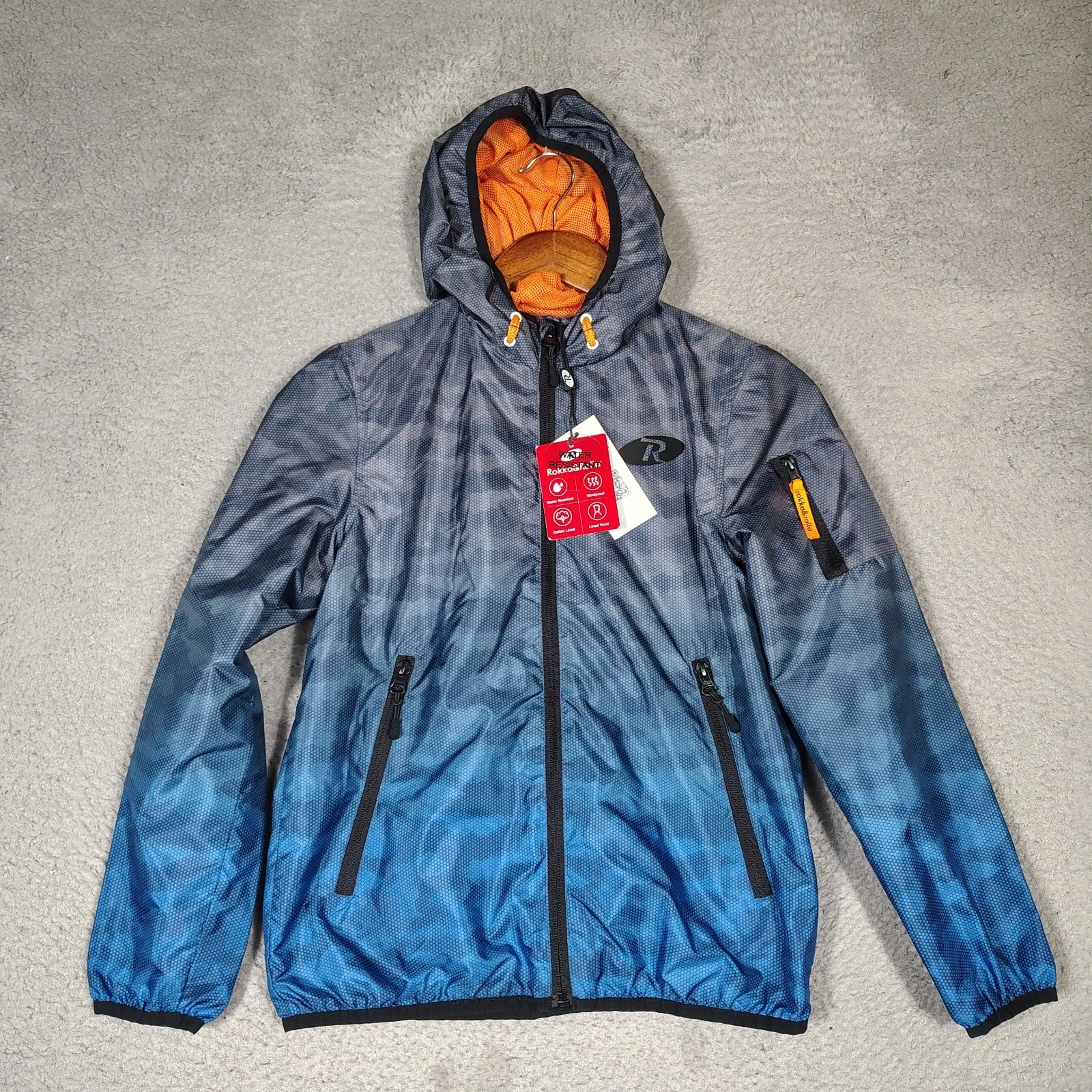 Rokka&Rolla Rain Jacket Boys Large 8 Blue Gray Camo Lightweight Windbreaker NWT