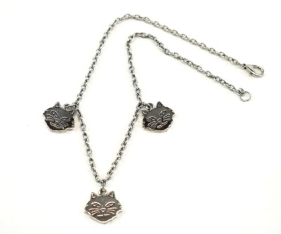 Triple Cat Face Choker Silver Metal Chain Kitty Cat Pendant Necklace | eBay