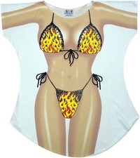 Flames Bikini Cover up T-shirt Lady's Fun Wear (Plus, White)