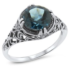 GENUINE 2 CT LONDON BLUE TOPAZ DECO ANTIQUE STYLE 925 STERLING SILVER RING 727z