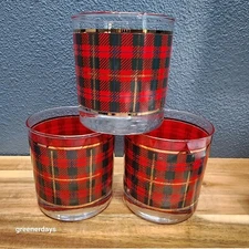 Set of 3 Crowning Touch Scottish plaid OLD FASHIONED COCKTAIL GLASSES whiskey