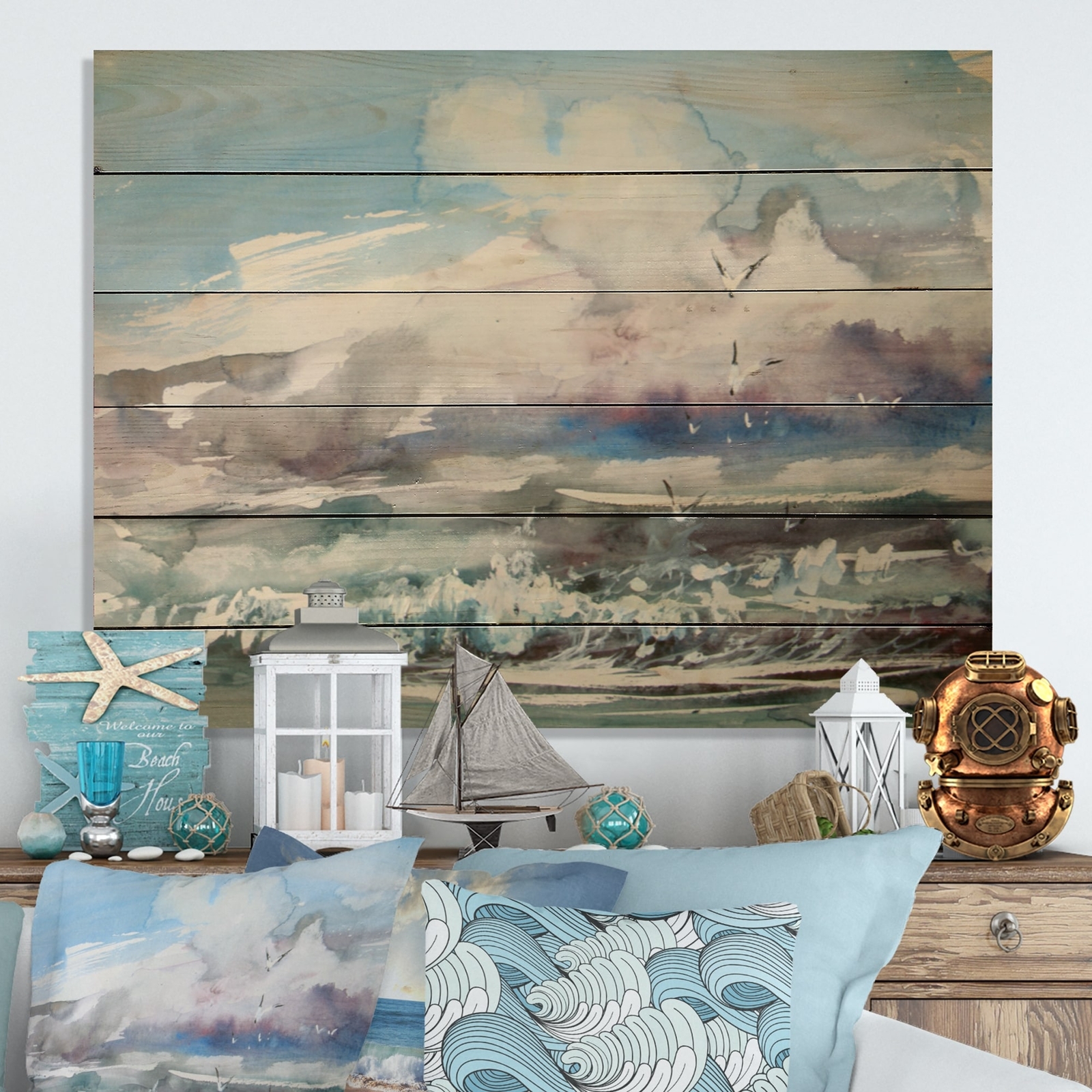 Designart 'Wave And Sea Gulls XI' Nautical & Coastal Wood Wall Art Décor -