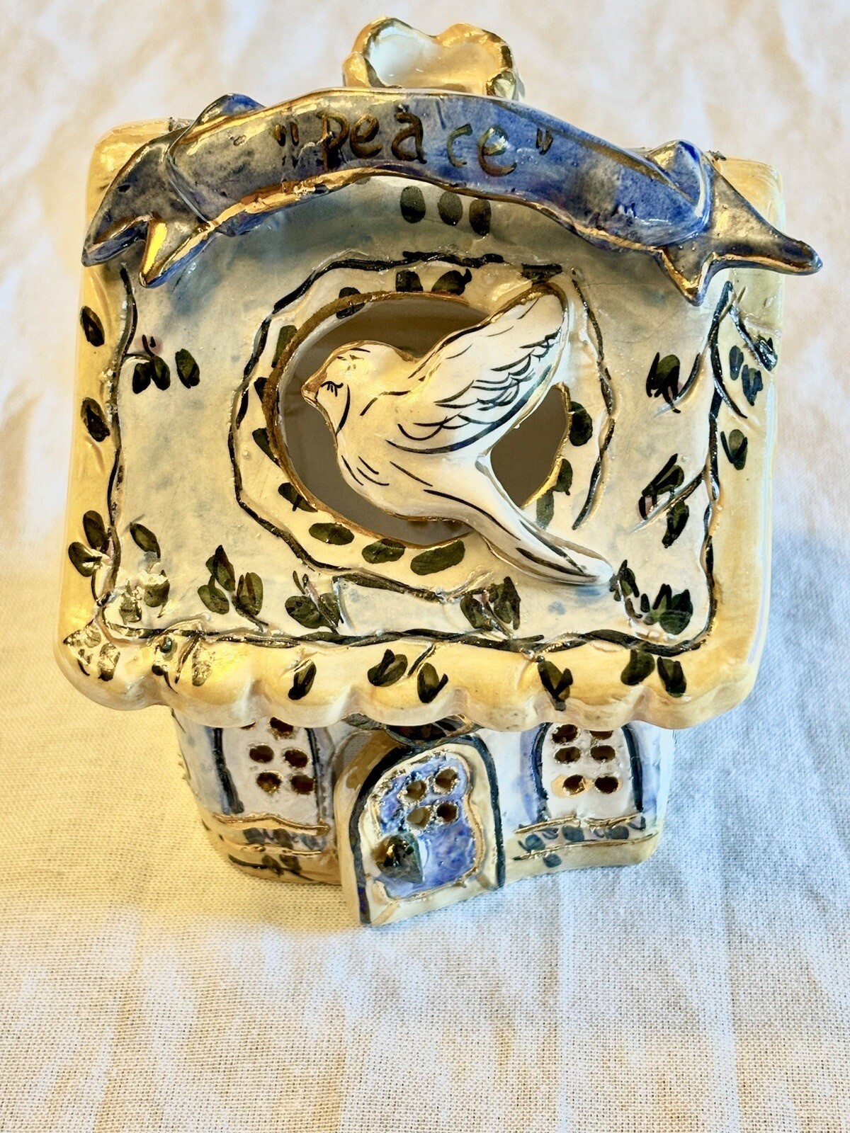 Blue Sky Clayworks 2002 Peace Candle Tea Light Holder House Ceramic Signed