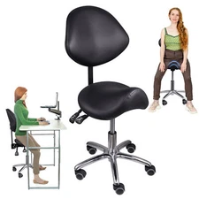 Ergonomic Saddle Stool Hydraulic Swivel Rolling Saddle Chair W/ Backrest