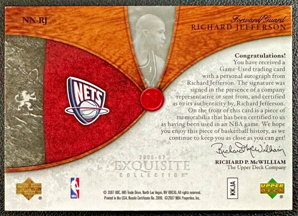 RICHARD JEFFERSON 2006-07 Exquisite Collection Noble Nameplates Patch Auto 20/25 - Image 2 of 2