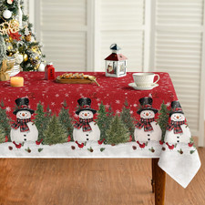 Christmas Tablecloth 60 84 Inch Rectangular, Winter Snowman Trees Red Washable S